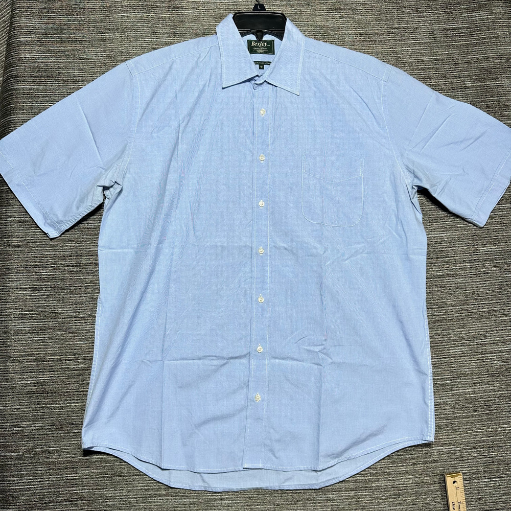 Bexley Button Up Shirt Men's 17 Blue Check Short Sleeve Coupe Confort Double Fil